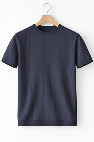 Edwox Men's Crew Neck Striped Knitwear T-Shirt Navy Blue Cd163