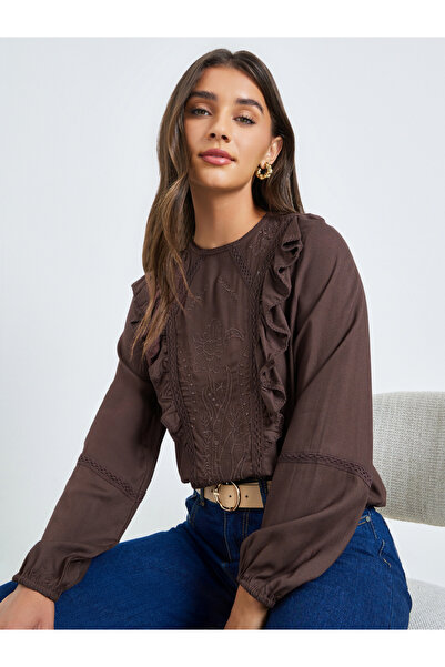 Styli Brown Embroidered Ruffle Blouse