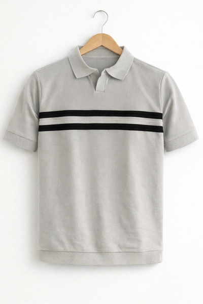 Edwox Men's Open Collar Striped Patterned Knitwear T-Shirt Gray Cd176