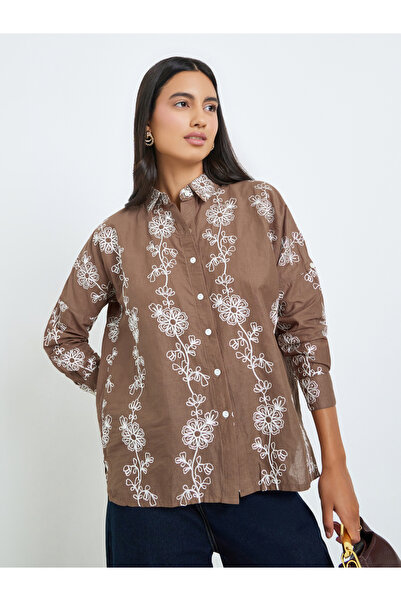 Styli Brown Embroidered Cotton Regular Fit Shirt