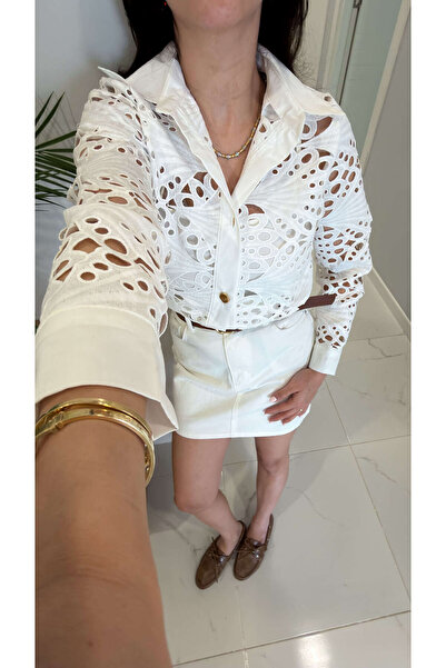 BİRCANÇİL Simla White Gold Button Detailed Laced Shirt