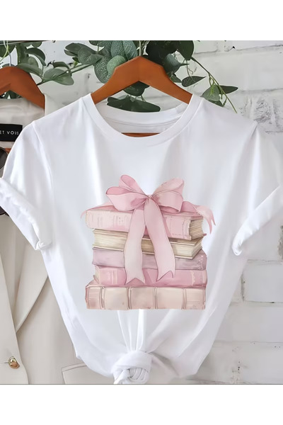 LİNA06 Women's Short Sleeve T-Shirt, Fashionable Book Stacking Bow Pattern Print