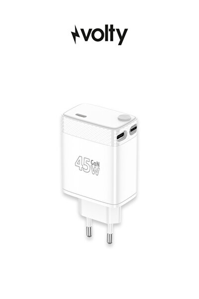 Volty Hızlı Şarj Adaptörü | 45W PD GaN, Geri Çekilebilir USB-C Kablolu, 2 Por...