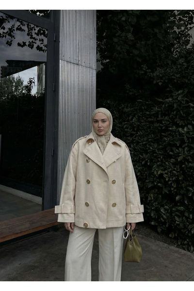 MODA AKSA 9697 Manşetli Kemerli Kruvaze Yaka Trençkot Keten