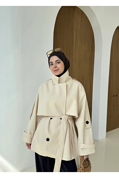 MODA AKSA 2044 Poleviskon ASTARLI TRENÇKOT vanilya