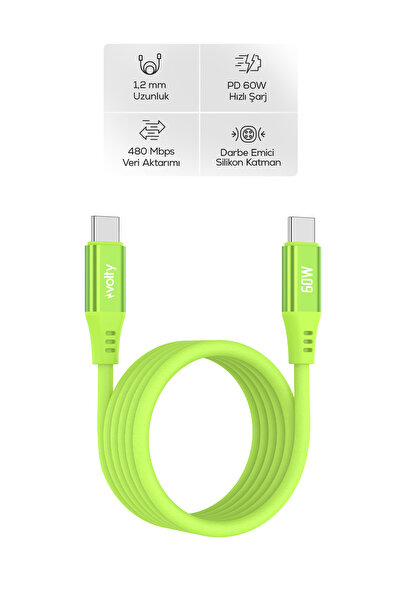 Volty Type-C to Type-C Hızlı Şarj Kablosu | 60W PD, Ultra Esnek Silikon, 480M...