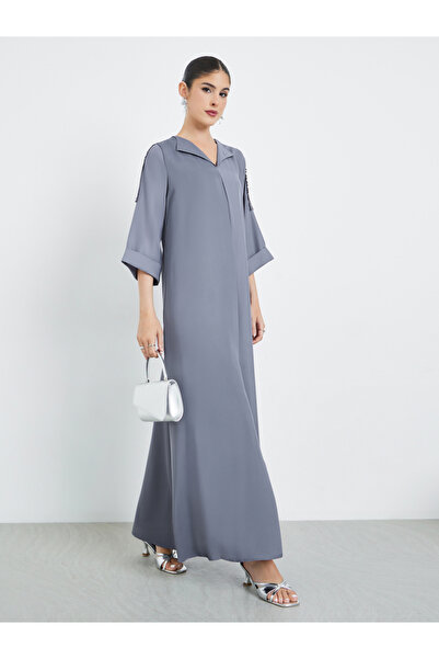 Amirah By Styli Grey Front Pleat Lace Detail Jalabiya