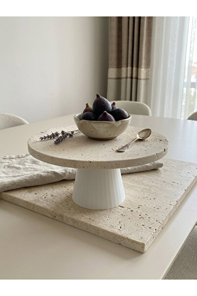 Marmonest El Yapımı Doğal Traverten Mermer Sunumluk Ayaklı Kahve Pasta Servis...