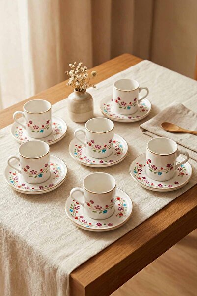 EvaniLife Floria Bloom 12 Parça 6 Kişilik Altın Yaldızlı Porselen Kahve Finca...