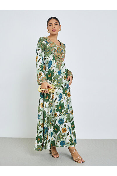 Amirah By Styli Green Floral Print Mukhawar Jalabiya