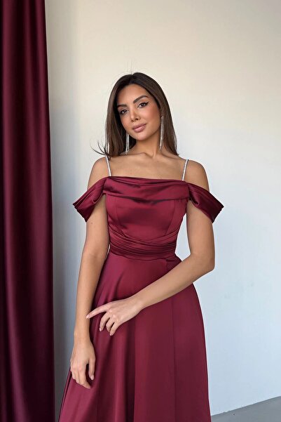 Nehire Γυναικείο βραδινό φόρεμα από σατέν με πέτρινα λουράκια και χαμηλό μανί...