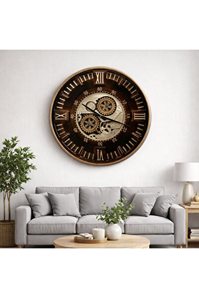 Evdeki Mağaza 60x60cm ÇARKLI METAL BRONZ DUVAR SAATİ