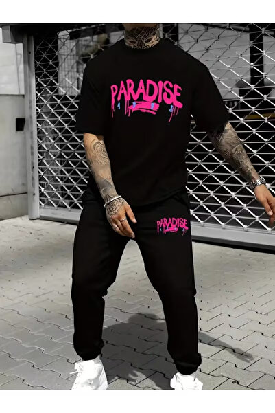 ARES LİFE Men's Paradise Printed Tracksuit Set T-Shirt Jogger Sweatpants - Bo...
