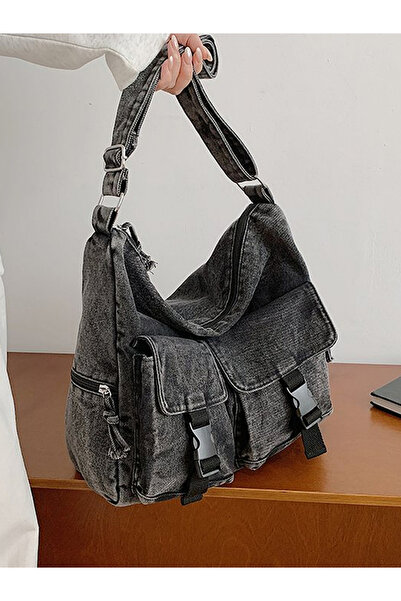 Take Two By Styli Washed Denim Shoulder Bag with Buckle Detail