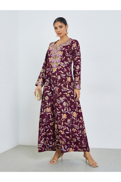 Amirah By Styli Maroon Floral Print Mukhawar Jalabiya