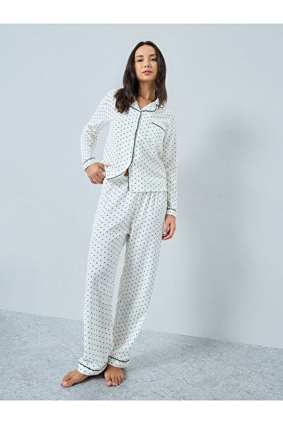 Take Two By Styli White Polka Dot Print Piped Shirt and Pyjama Set