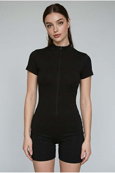 Madmext بذلة قصيرة سوداء بقصة ضيقة وسحاب أمامي MG2794