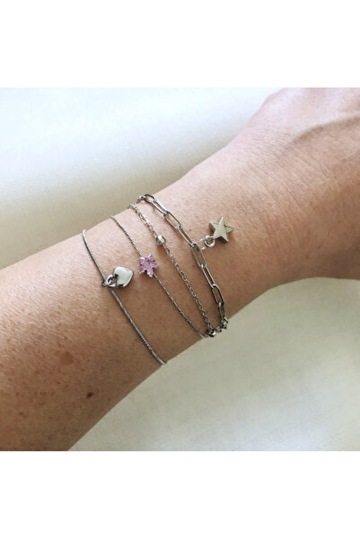 Mercan Aksesuar Pink Star Silver Color 4-Piece Combination Bracelet