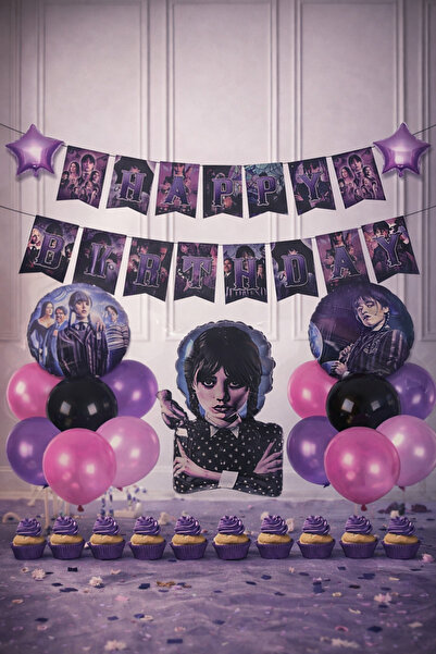 Happyewent Wednesday Themed Happy Birthday Party Set – Purple and Black Birth...