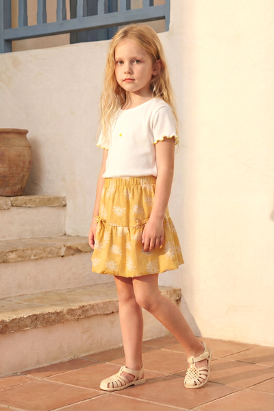 Minipodyum طقم صيفي للفتيات من قطعتين مع تنورة بالون وتفاصيل ديزي باللون الخردلي