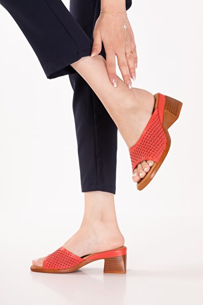 Gondol Women's Genuine Leather Short Heeled Daily Slippers Iz.12138 Red