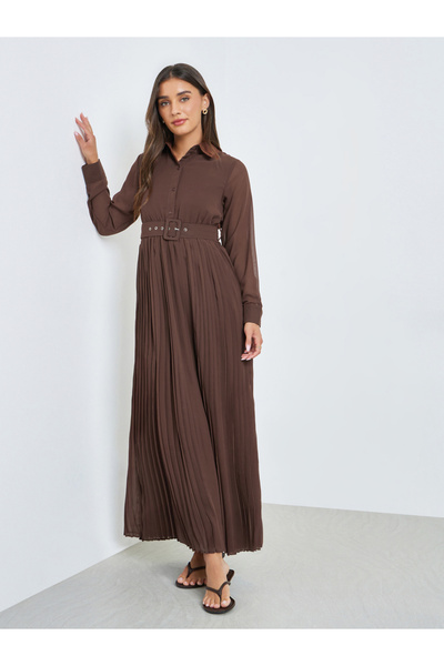 Styli Brown Pleated Maxi Dress with Belt