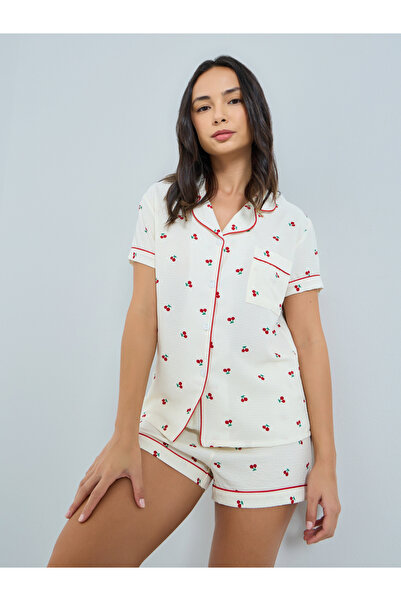 Take Two By Styli Cream Cherry Print Shirt and Shorts Set