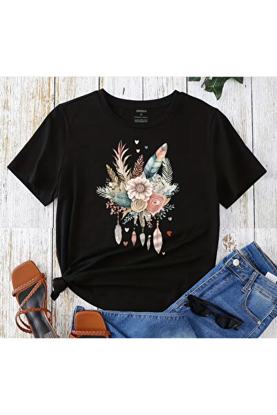LİNA06 Flower & Feather Print T-shirt, Casual Short Sleeve Crew Neck T-shirt ...