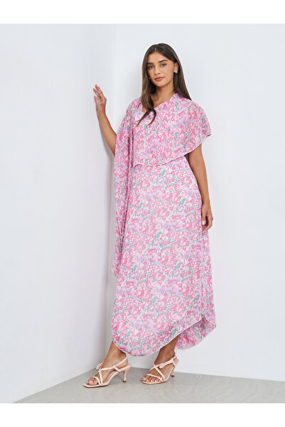 Styli Pink Asymmetric Hem Draped Maxi Dress
