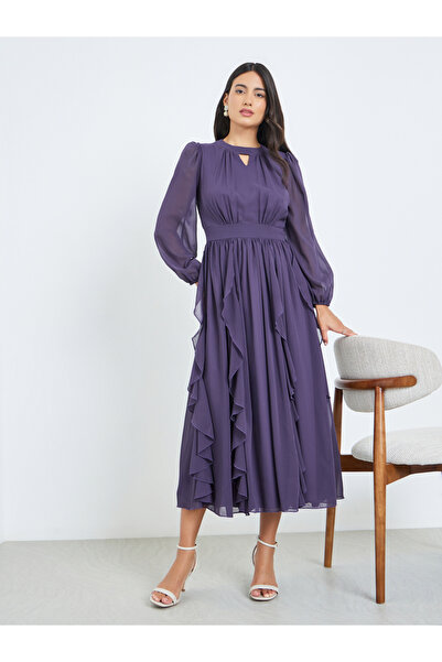 Styli Purple Ruffled Detail A-Line Midi Dress