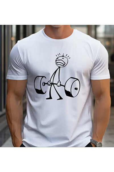 LİNA06 Men's Round Neck Short Sleeve T-Shirt with Weightlifting Print, Fashio...