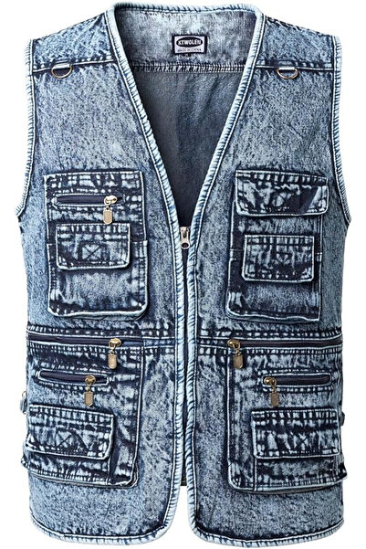 OEM Blue denim vest with zipper and pockets for outdoor activities, 4XL