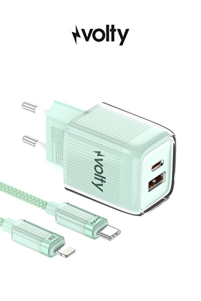 Volty Hızlı Şarj Adaptörü 35W GaN + Lightning Kablo 30W PD | USB-C&USB-A, Tab...