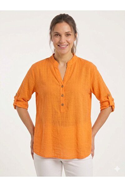 della moor Women's Orange Italian Buttoned Court Collar Folded Short Sleeve B...