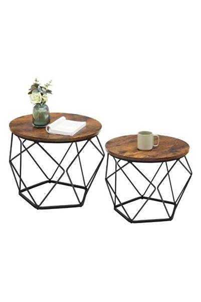 Yelajoy 2-Piece Coffee Side Table Set, End Table with Steel Frame, Rustic Bro...