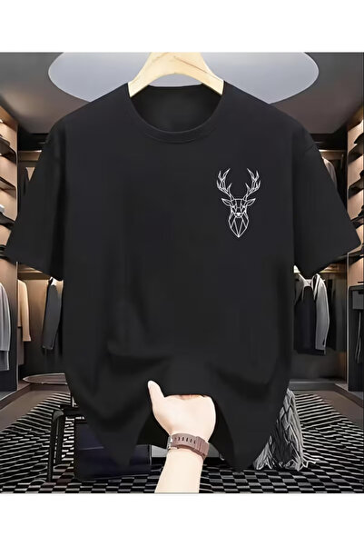 LİNA06 Men's Casual Short Sleeve T-Shirt with Minimalist Deer Head Print - Br...