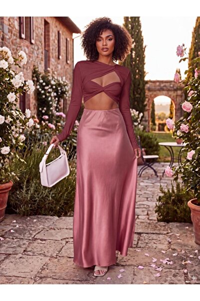 MODA UGS Women's Stylish Satin Belt Elastic 100 cm Maxi Length a Line Skirt