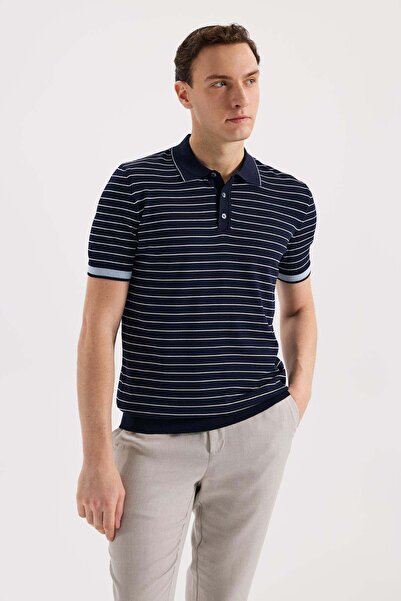 Jakamen Navy Blue Slim Fit Striped Rayon Polo Collar T-Shirt