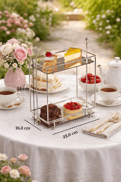 Edora Home Silver Dikdörtgen 2 Katlı Şık Sunumluk Pasta Tatlı Kurabiye Servis...