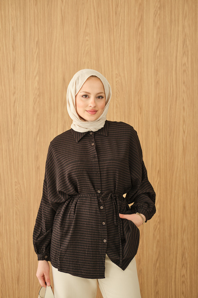 LOCCO Kadın Ekose Desen Bel Bağlamalı Gömlek Siyah