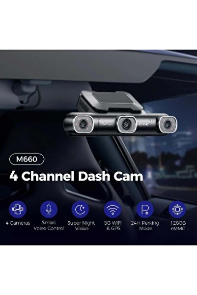 AZDOME 360 °   كاميرا لوحة القيادة، 4 قنوات، 4 عدسات قابلة للتعديل، 128 جيجابايت eMMC، دقة 2K+1080P*3