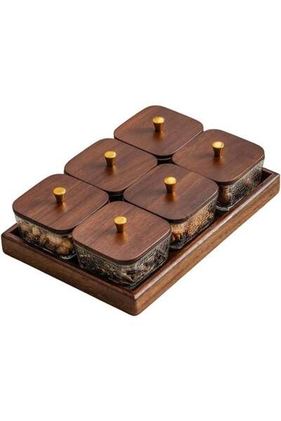 Yelajoy Square Glass Divided Serving Tray with 6 Jars, Walnut Wooden Lids, Po...