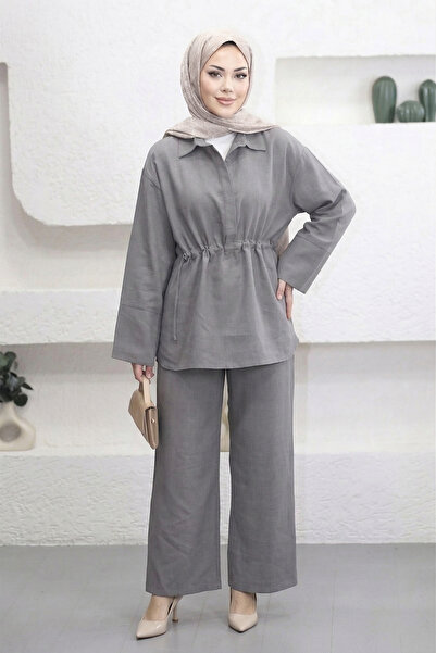 Suede Style 6307 - Κομψό, άνετο γυναικείο σετ με λεπτομέρεια στη μέση, πουκάμ...