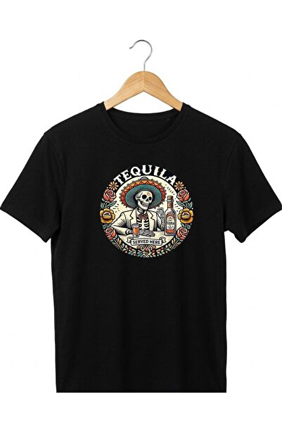 Unisex Beyaz / Siyah Regular Kesim Tequila Tekila İskelet Baskılı Pamuklu T-shirt