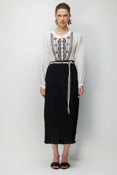 Ekol Ornamental Belted Cotton Maxi Skirt-3908