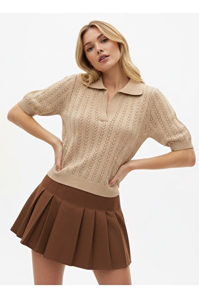 Arbucky Women's Polo Neck Openwork Knitwear Blouse