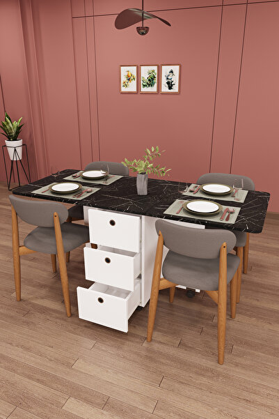 asratrend Lüks Katlanır Mutfak Yemek Masası Takımı %100 MDF Çekmeceli Çalışma...