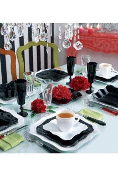 Hera Collection 19-piece opal heat-resistant dinner set, black and white squa...