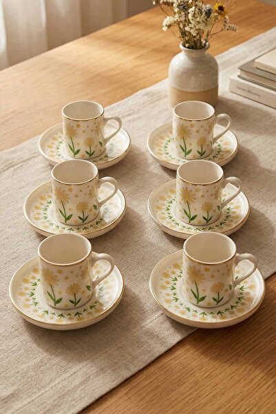 EvaniLife Daisy Garden 12 Parça 6 Kişilik Altın Yaldızlı Porselen Kahve Finca...