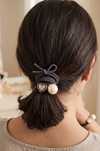 PETEK AKSESUAR Retro Pearl and Stone Heart Rubber Clasp